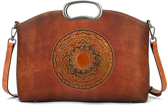 Genuine Leather Handbags for Women, Organizer Crossbody Bag Large Satchel Vintage Embossing Totem Shoulder Bag