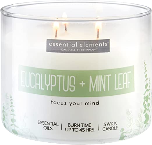 Essential Elements by Candle-lite Scented Candles, Eucalyptus & Mint Leaf Fragrance, One 14.75 oz. Three-Wick Aromatherapy Candle with 45 Hours of Burn Time, Off-White Color