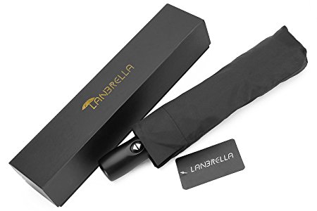 LANBRELLA Safety Locking Mechanism Windproof Compact Travel Umbrella Auto Open/Close 8 Rib 46 Inch Arc–Black
