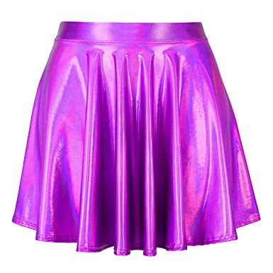 HDE Women's Shiny Liquid Metallic Holographic Pleated Flared Mini Skater Skirt