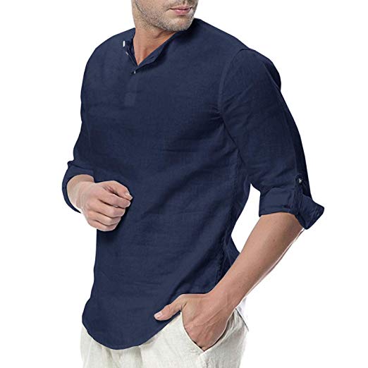 SySea Men's Casual 3/4 Sleeve Linen Henley T-Shirt High Low Solid Beach Yoga Top