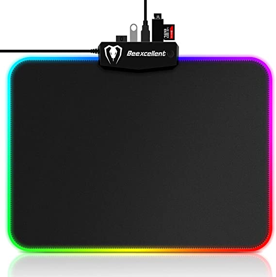 Gaming Mouse Pad, 4 USB Ports RGB Mouse Pad with 14 Light Modes, 5mm Thick LED Mouse Pad, Non-Slip, Waterproof, Smooth Led Desk Pad for Gamer, Computer, Laptop, Office