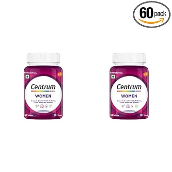 Centrum Women, World's No.1 Multivitamin with Biotin, Vitamin C & 21 vital Nutrients for Overall Health, Radiance, Strong Bones & Immunity (Veg) Pack of 60 Tablets