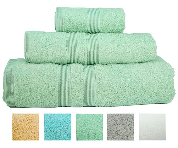 Turkish Bath Towel Set Spa Hotel Premium Loop Terry 100% Natural Cotton Comfortable Super Soft Christmas Gifts Luxury (3 Towels) (Rain Green)