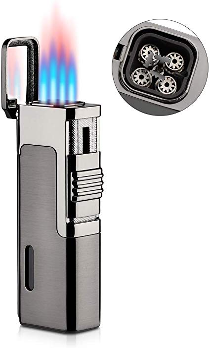 Cigar Lighter, Torch Lighter Adjustable 4 Jet Flame Cigarette Lighter Refillable Butane Gas Lighter w/Punch Cutter