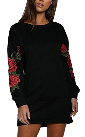 Angashion Women's Rose Embroidered Long Sleeve Pullover Sweatshirt Floral Casual Tops Blouse