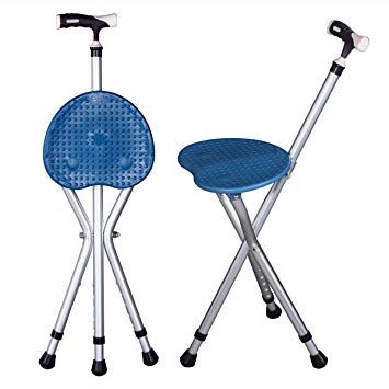 Folding Cane Seat 441 lbs Capacity Thick Aluminum Alloy Cane Stool Crutch Chair Seat 3 Legs Cane Seats Highly Adjustable Walking Stick Tall Unisex for Elderly Blue