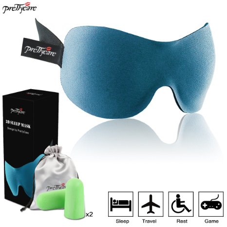 3D Sleep Mask (New Design by PrettyCare with 2 Ear Plugs) Eye Mask for Travel - Best Sleeping Contoured Blinder- Blindfold Airplane with Silk Pouch - Best Night Eyeshade Sleeping for Man Woman kids