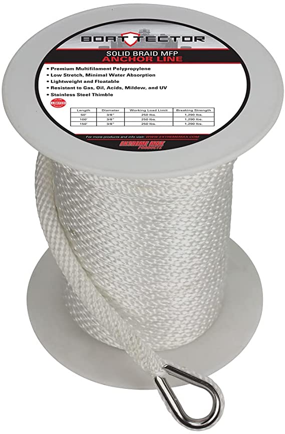 Extreme Max 3006.3462 BoatTector Solid Braid MFP Anchor Line with Thimble - 1/2" x 150', White