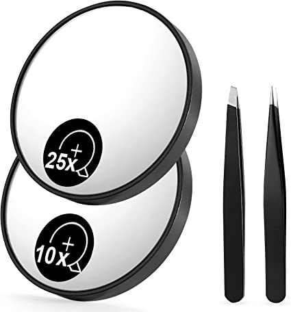OMIRO 10X & 25X Magnifying Mirrors and Two Eyebrow Tweezers Kits, 3.5" Two Suction Cups Magnifier Travel Set