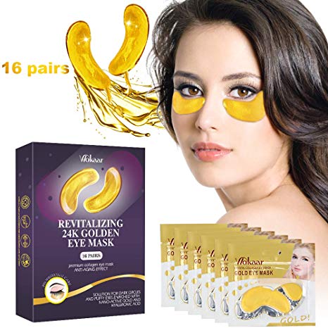 24K Gold Eye Mask for Puffy Eyes Dark Circles,Crystal Collagen Eye Mask Anti-aging Soothing Cooling Eye Patches, Repair Anti-Wrinkles Under Eye Bags Treatment,16 Pairs