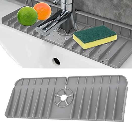 Silicone Faucet Handle Drip Catcher Tray，Sink Protectors、Sponge Holder、Splash Guard for Kitchen Sink Accessories Mat-Upgraded Ramp Pads Make It Easier for Water Droplets to Drain Away (Grey)