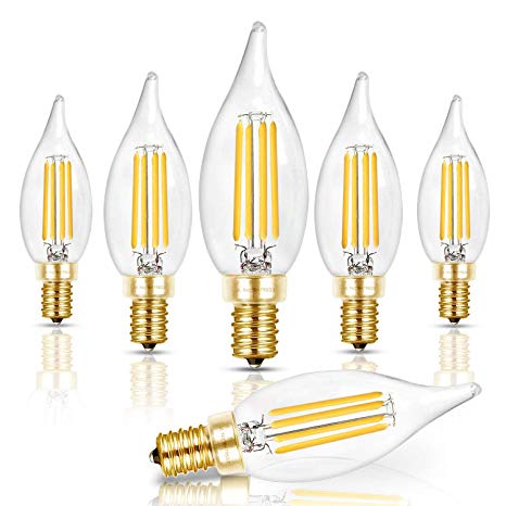 Hizashi Flame Tip LED Candelabra Bulb 40W Equivalent Dimmable E12 Filament Candle Bulbs 4W, 450 Lumens, 5000K Daylight White CA10 LED Chandelier Light Bulbs, 90  CRI, UL Listed - 6 Pack