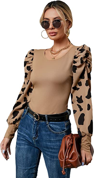 Milumia Women Elegant Rib Knit Scoop Neck Puff Long Sleeve Printed Blouse Work Tops