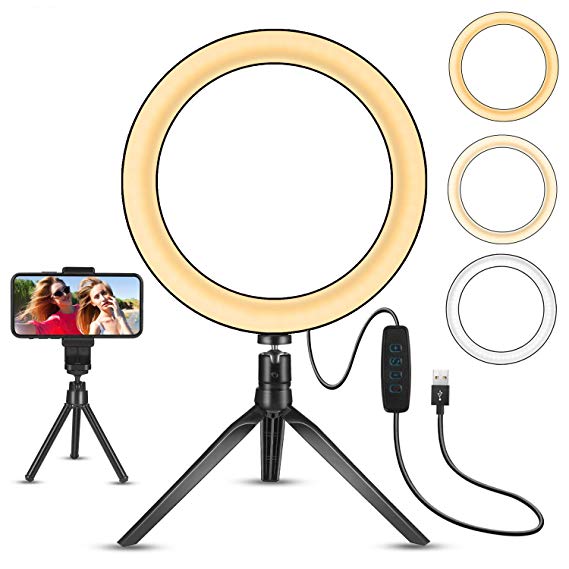 LED Ring Light 8'' with Stand Tripod for Makeup, Live Streaming & YouTube Video, Table LED Camera Light with Cell Phone Holder, Mini Dimmable Lamp with 3 Light Modes & 11 Brightness Level (8 inch)
