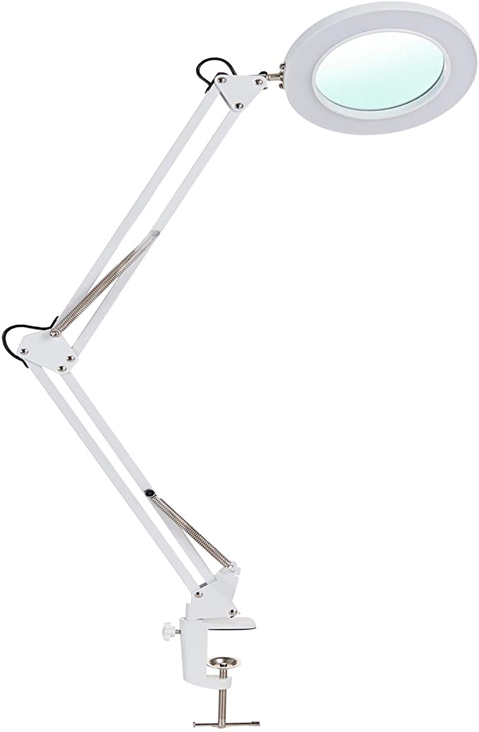 Psiven LED Magnifier Lamp, Dimmable Magnifying Desk Lamp/Task Light with Clamp (3 Lighting Modes, 12W, 5 Diopter, 4.4'' Glass Lens) Highly Adjustable Swing Arm Workbench, Drafting, Craft, Work Light