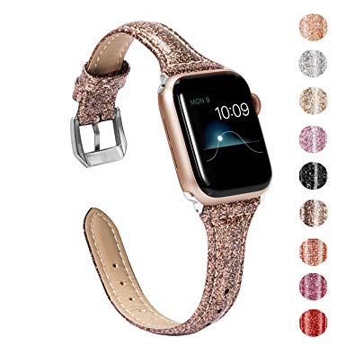 Wearlizer Thin Glitter Leather Compatible with Apple Watch Bands 42mm 44mm Womens for iWatch Slim Wristband Glistening Strap Replacement Bracelet (Silver Metal) Clasp Series 5 4 3 2 1 Edition-Coffee