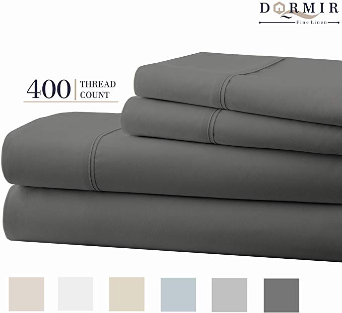 Dormir 400 Thread Count 100% Cotton Sheet Dark Grey King Sheets Set, 4-Piece Long-Staple Combed Cotton Best Sheets for Bed, Breathable, Soft & Silky Sateen Weave Fits Mattress Upto 18'' Deep Pocket