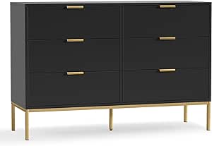 Anmytek Black Dresser for Bedroom, Modern 6 Drawer Dresser, Chest of Drawers Closet Organizers and Wood Storage Clothes, White Dresser with Golden Handles for Living Room, Hallway