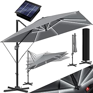 KESSER® Sonnenschirm LED Solar Ampelschirm SUN XL 300 x 300 cm Inkl. Abdeckung  Windsicherung Drehbar Neigbar Kippbar Marktschirm Groß 360° Rotation, Gartenschirm mit Kurbel Sonnenschutz, Anthrazit