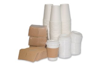2dayShip 100 Pack Paper Coffee Hot Cups WHITE with Travel Lids and Sleeves - 12OZ