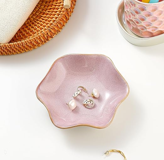 Binoster Ceramic Jewelry Dish,Ring Dish,Trinket Tray,Jewelry Tray,Key Bowl Pink Room Decor Bathroom Home Decor Gifts for Women Mom Sister Coworker Friend Bride(5.5 in Pink)