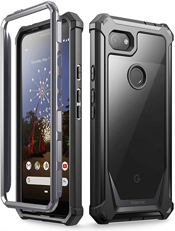 POETIC Google Pixel 3a Rugged Clear Case, Full-Body Hybrid Shockproof Bumper Cover, Built-in-Screen Protector, Guardian Series, Case for Google Pixel 3a (2019 Release), Black/Clear