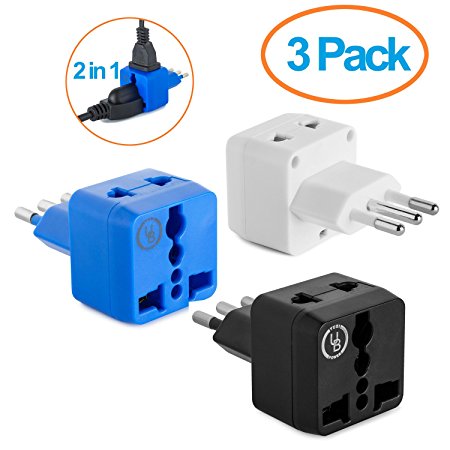 Yubi Power 2 in 1 Universal Travel Adapter with 2 Universal Outlets - Built in Surge Protector - 3 Pack - Black White Blue - Type L for Chile, Ethiopia, Italy, Lybia, Syria, Tunisia, & Uruguay