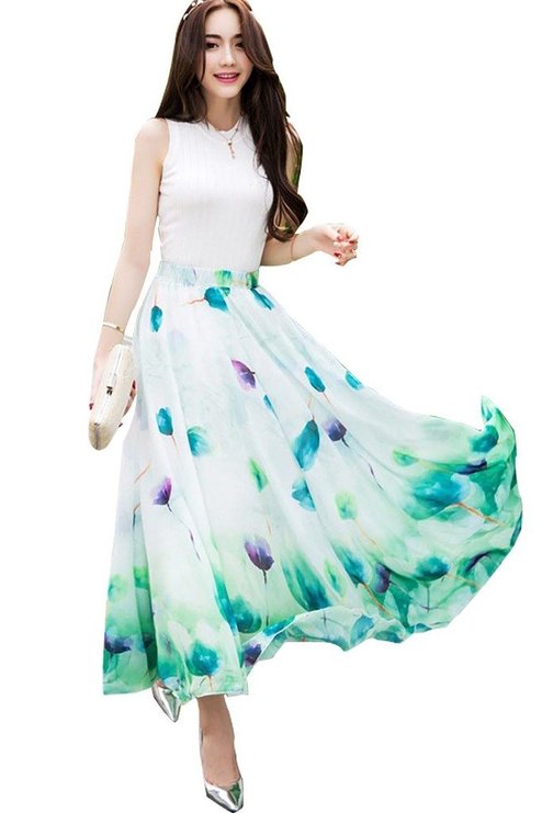 Ashir Aley Woman's Beautiful Chiffon Floral Summer Long Maxi Skirt