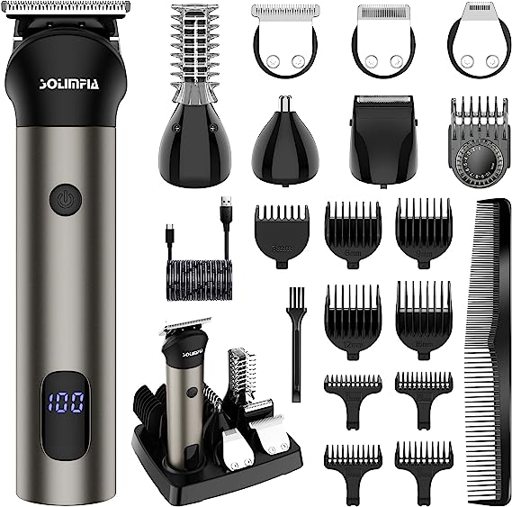 Solimpia Hair Clipper for Men, Professional Cordless Barber Hair Cutting Trimmer Rechargeable Beard Nose Body Hair Grooming Kit for Men 7 in 1