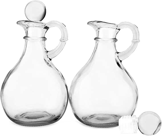 Cornucopia Glass Oil and Vinegar Cruets (Set of 2); Round Glass Oil Dispenser Bottles with Stoppers