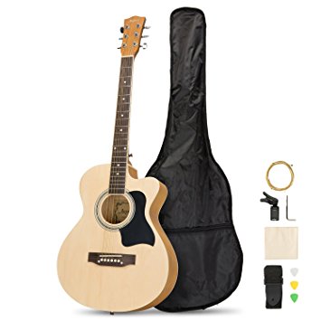 Artall 39 Inch Handmade Solid Wood Acoustic Cutaway Guitar Beginner Kit with Tuner, Strings, Picks, Strap, Matte Natural