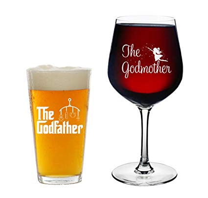 Godparents Announcement- 16 oz. Pint Glass, 12.75 oz. Wine Glass - Cool Present Idea for Godmother, Godfather, and Couples- Baptism or Christening Gift (Set of 2)