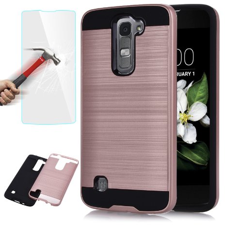 LG K7 Case,LG Tribute 5 Case,AUU Dual Layer Slim Brushed Metal Texture Full Body Impact Resistant Armor Shockproof Heavy Duty Cover Shell For LG K7 Tribute 5 Rose Gold  Tempered Glass Screen Protector