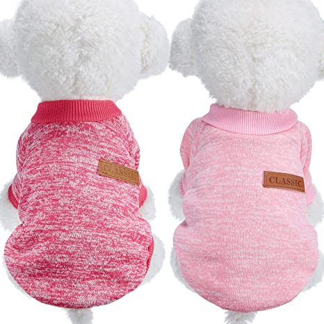 2 Pieces Pet Clothing Winter Puppy Classic Warm Coat Winter Puppy Sweater Puppy Knitwear Clothes (M, Rosy Red, Pink)