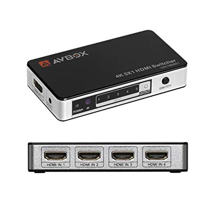 AVBOX HDMI Switch 5x1,5 ports Ultra HD 4K x 2K HDMI Switch Box,Support 1080P,3D With IR Remote Control and AC Power Adapter
