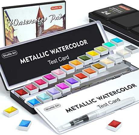 Metallic Watercolor Paints, Shuttle Art 24 Colors Glitter Watercolor Paint in Half Pans with Water Brush Pen Watercolor Pad &Mental Box, Art Supplies for WatercolorPainting, Illustrations, Calligraphy