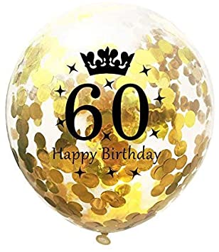10pcs Gold Confetti Balloons，12 inches Happy Birthday Sign Party Balloons with Golden Rose Paper Confetti for 60th Anniversary Birthday Party
