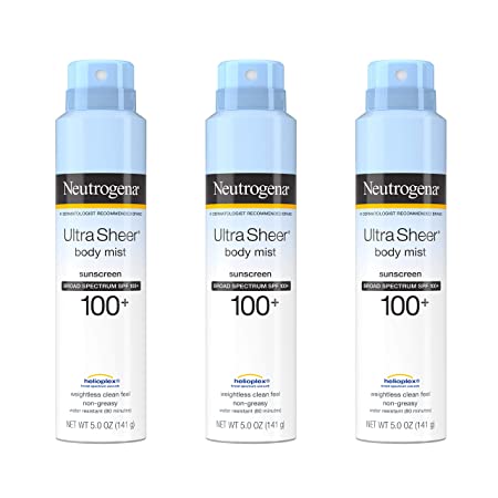 Neutrogena Ultra Sheer Body Mist Sunscreen Spray Broad Spectrum SPF 100 , Lightweight, Non-Greasy & Water Resistant, Oil-Free & Non-Comedogenic Sunscreen Mist, 3 Packs of 5 oz