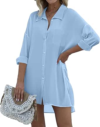 Ekouaer Women's Beach Bikini Cover Up Long Roll-up Sleeve Summer Button Down Coverup Shirt