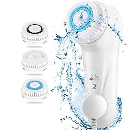 Sonic Vibrating Facial Cleansing Brush, IPX7 Waterproof 3D Sterile Face Brush for Face Deep Cleaning, Mild Exfoliating & Massaging, Wireless Inductive Charging- 3 Brush Heads&1 Makeup Remover Pad