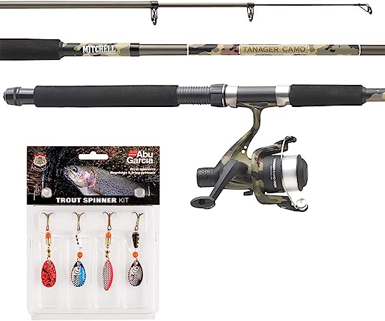Mitchell Tanager Camouflage telescopic fishing set of a rod and reel combo with line and lures for fishing for trout and perch