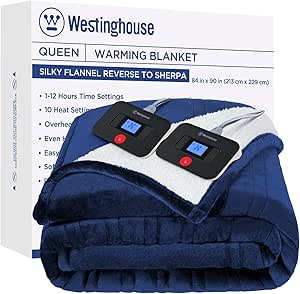 Westinghouse Electric Blanket Queen, Heated Blanket Queen Size with 10 Heating Levels and 1 to 12 Hours Heating Time Settings, Flannel to Sherpa Reversible, Machine Washable (84" x 90", Navy)