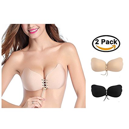 Self Adhesive Bra,2 Pack Silicone Push Up Strapless Bras, Backless Reusable Invisible Drawstring Bra