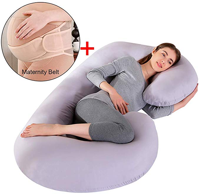 Pregnancy C Body Pillow with Pregnancy Belt, Removable 100% Cotton Cover and Separate Support Nursing Maternity Pillows for Women Sleeping and Feeding (Light Gray)