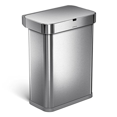 simplehuman 58L Rectangular Sensor Trash Can with Voice and Motion Sensor, Touch-Free, Voice Activated, Stainless Steel, 58 Liters / 15.3 Gallons