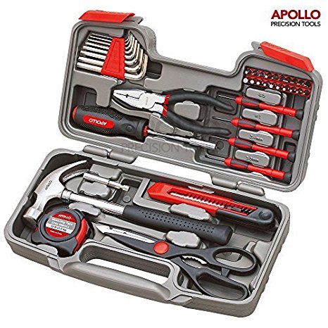 Apollo Precision Tools 39 Piece DIY Home Household Toolkit with Combination Pliers in Box Case- Great Gift