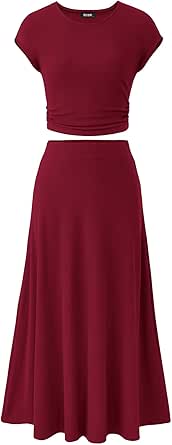 BTFBM Women Two Piece Skirt Set Casual Ribbed Knit Crew Neck Short Sleeve Cropped Top Elastic Waist Swing Midi Skirts