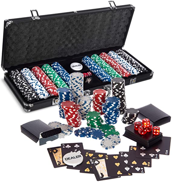 WICKED GIZMOS Professional 500 Piece Poker Set with Cushioned Aluminium Carry Case Holder - Complete with 2 Card Decks, 5 Red Dice and 11.5g Official Casino Grade Chips (Black)
