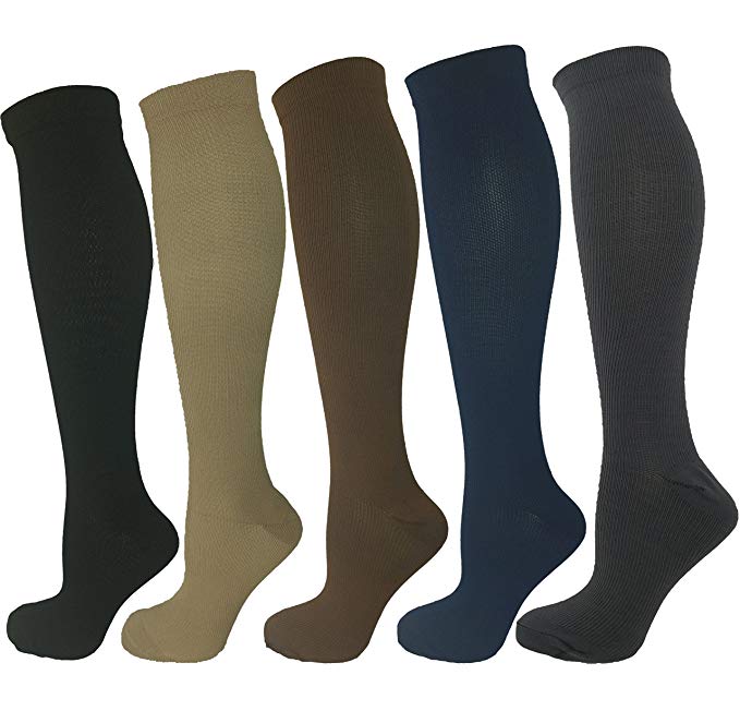 Ladies Compression Socks, Moderate Compression 15-20 mmHg. Running, Nurses, Travel & Flight Knee-High Socks.5 Pair Assorted Colors-Black, Brown, Grey, Tan and Navy Blue, Large/Extra Large